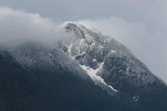 Overnight, new snow had fallen on the mountains, this is Estero Peak.
