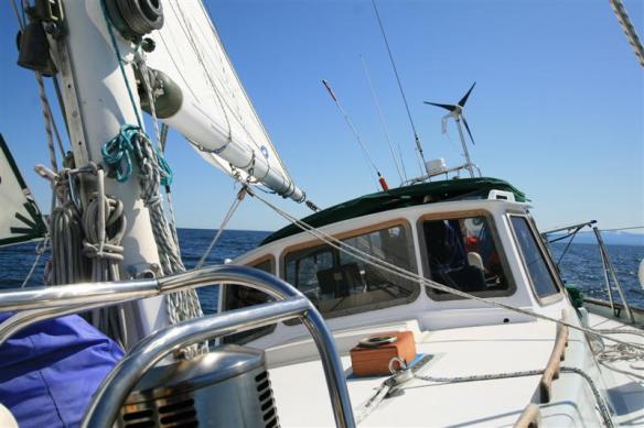 Curtsy, with three sails up, sailing in Malaspina Channel, doing well over 6 knots!!