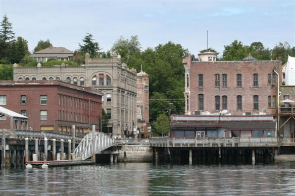 Looking into downtown Port Townsend , with the old brick buildings.