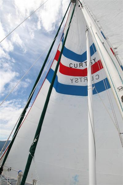 Our huge spinnaker, trying to fill with wind.