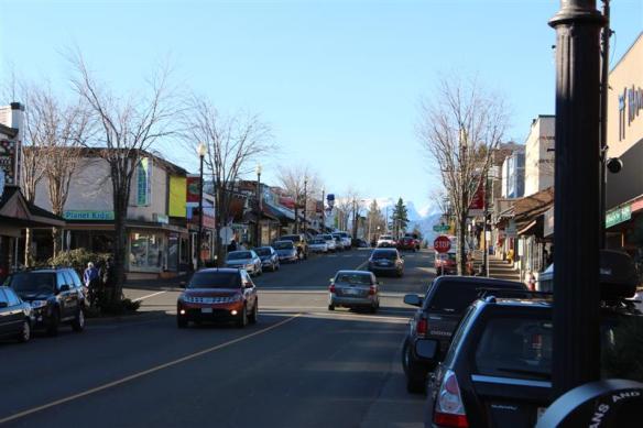 Downtown Courtenay with the Comox glacier in the background.