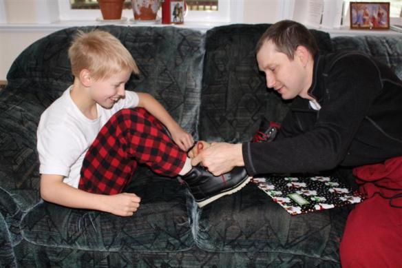 Christmas morning, Charlie is so happy with her new workboots!!!!