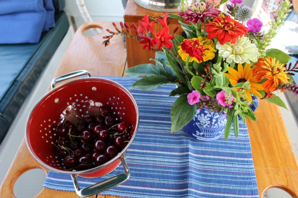 Beautiful cut flowers from Sieffert farm,and whatever is left of the cherries.....sooooo good!!!!!